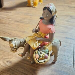 Vintage Handmade Peddler Girl Doll on Donkey Woven Fruit Baskets Folk Art